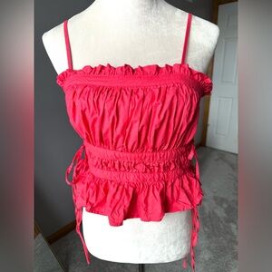 Free People summer top spaghetti straps elastic gathering ties fuchsia hot pink